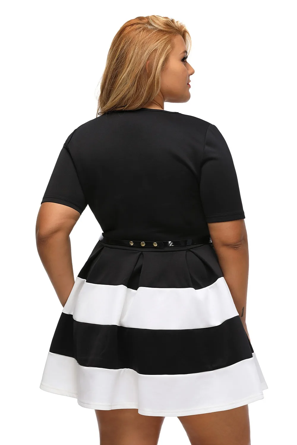 White-Stripes-Detail-Belted-Plus-Size-Skater-Dress-LC22806-1-6