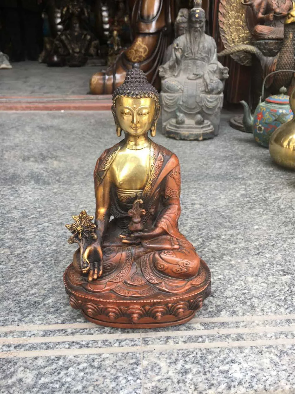

Antique Bronze ware Huangtong gold sitting Lotus lucidum tathagata Sakyamuni Buddha statue Temple Home Furnishing