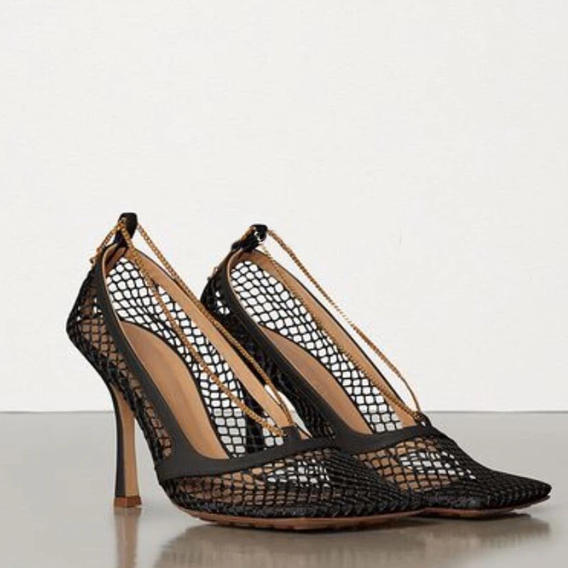 Jady Rose Sexy Mesh Women Pumps Square Toe 9CM High Heels Chain Decor Wedding Dress Shoes Woman Valentine Shoes Ladies Stiletto