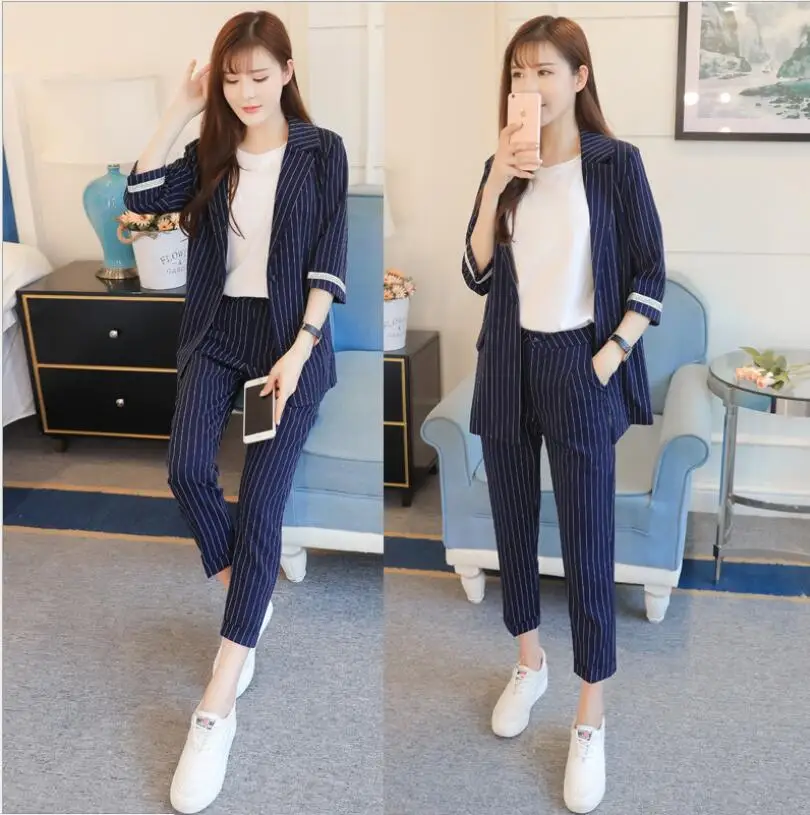

Fashion pants suits women single button half sleeve striped blazer coat+ankle pants blazers set two pieces formal casual set