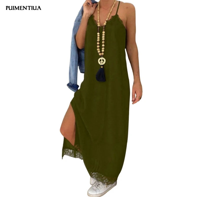 

Puimentiua 2019 Women's Retro Dress Slit Lace Long Solid Dress Summer Sleeveless Beach Plus Size Loose Casual Strap Dress Female