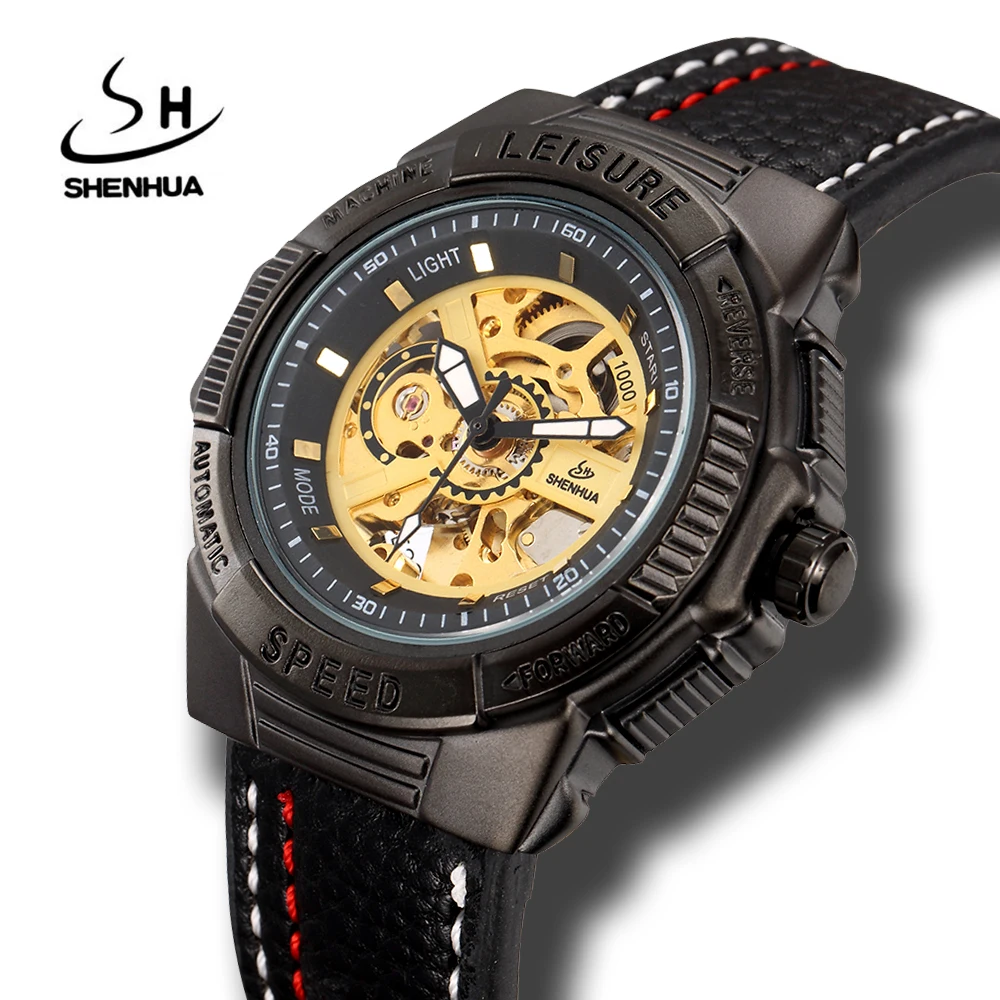 Shenhua Mens Self Winding Black Mechanical Skeleton Wrist Watches