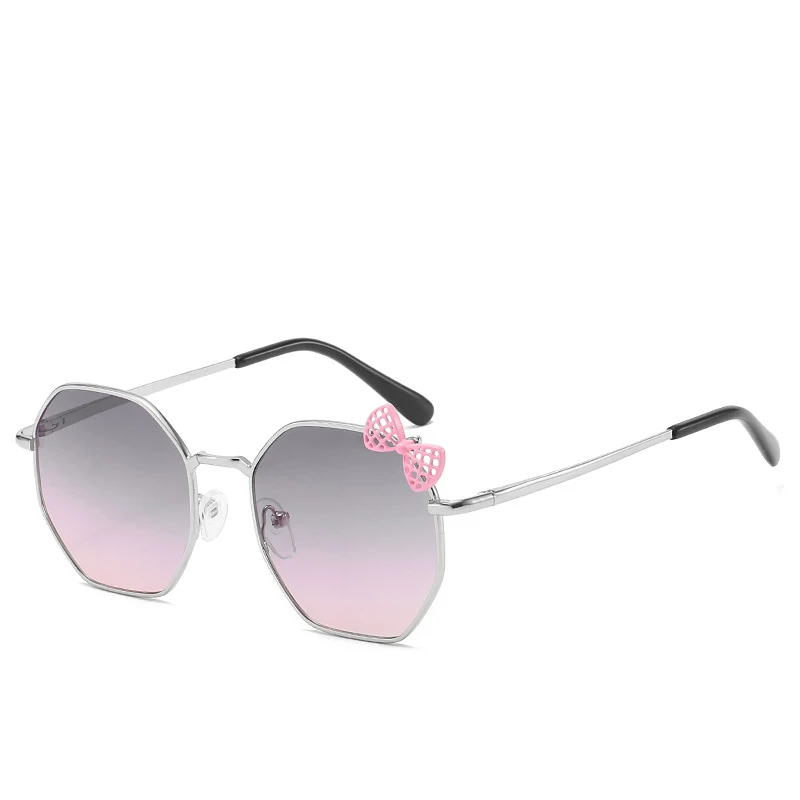 Iboode Polygon, металлические детские солнцезащитные очки для мальчиков и девочек,, милые Солнцезащитные очки с бантом, детские очки с защитой от ультрафиолета, крутые модные очки - Цвет линз: Silver Gray Pink