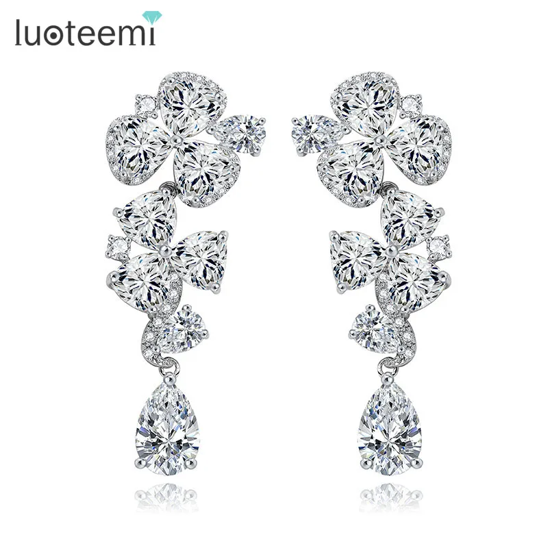 

LUOTEEMI New Fashion Long Waterdrop Triangle CZ Stone Earrings Shining Crystal Drop Brincos White Gold-Color Ear Accessories