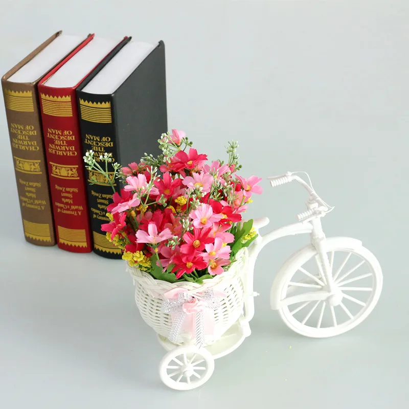 Flone искусственный шелк Поддельные розы ромашки набор цветов с пластиковой велосипедной вазой набор цветов букеты для свадьбы Роскошный домашний декор - Цвет: A