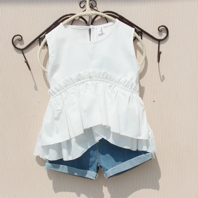 

3-15 Year Summer Girls Blouse Shirts For Kids Solid White Tank Top Cotton School Girl Blouses Tops Toddler Teen Children Clothes