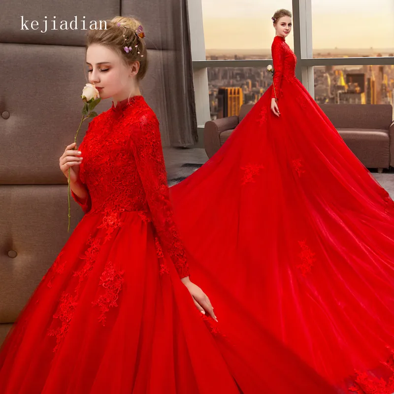 Роскошное бальное платье с высоким воротом, свадебные платья, красное, королевское свадебное платье с шлейфом, свадебное платье, vestido de noiva