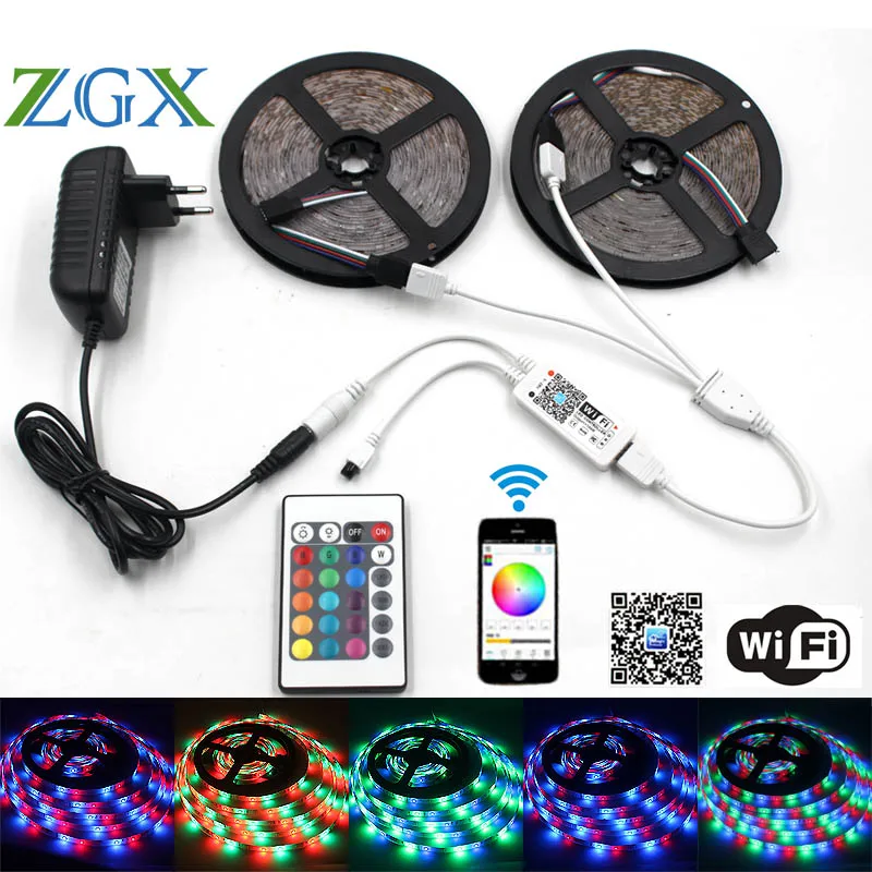 

ZGX Wifi Controller SMD 2835 10M 15M 5M LED Strip RGB Light Tape Waterproof Ribbon Multicolor Light DC 12V Power adapter set