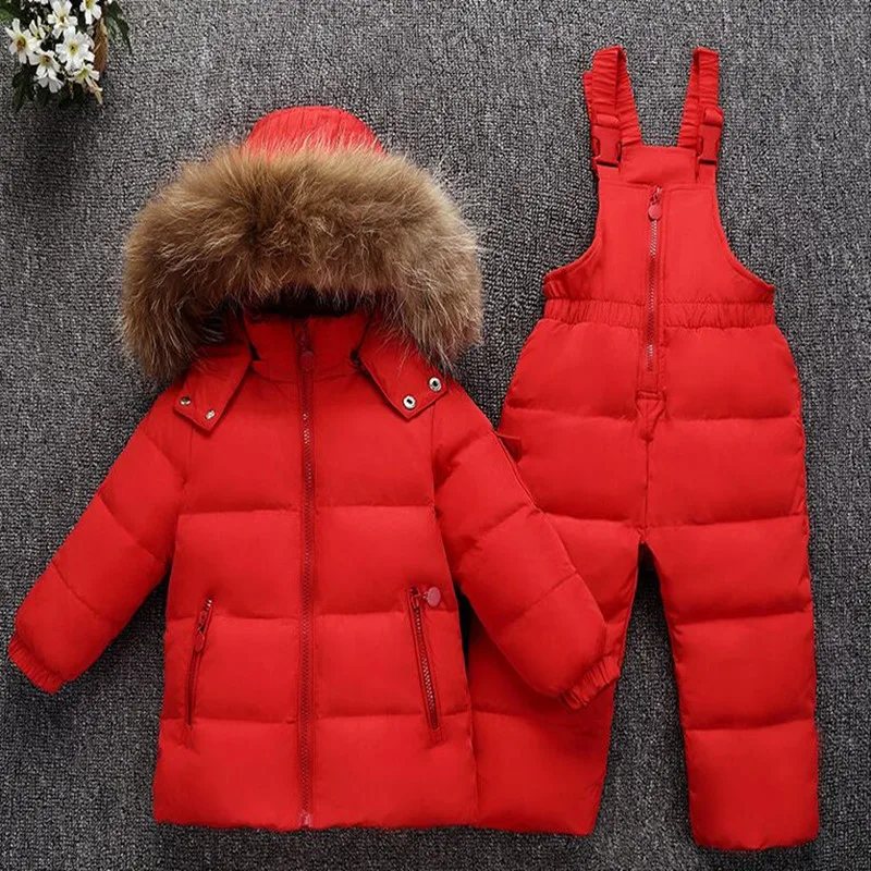 

2018 New Children's Down Jacket Set Boys Girls Baby Children Cothing Set Winter Casual Thick Coat +Bib Pants 2 Piece