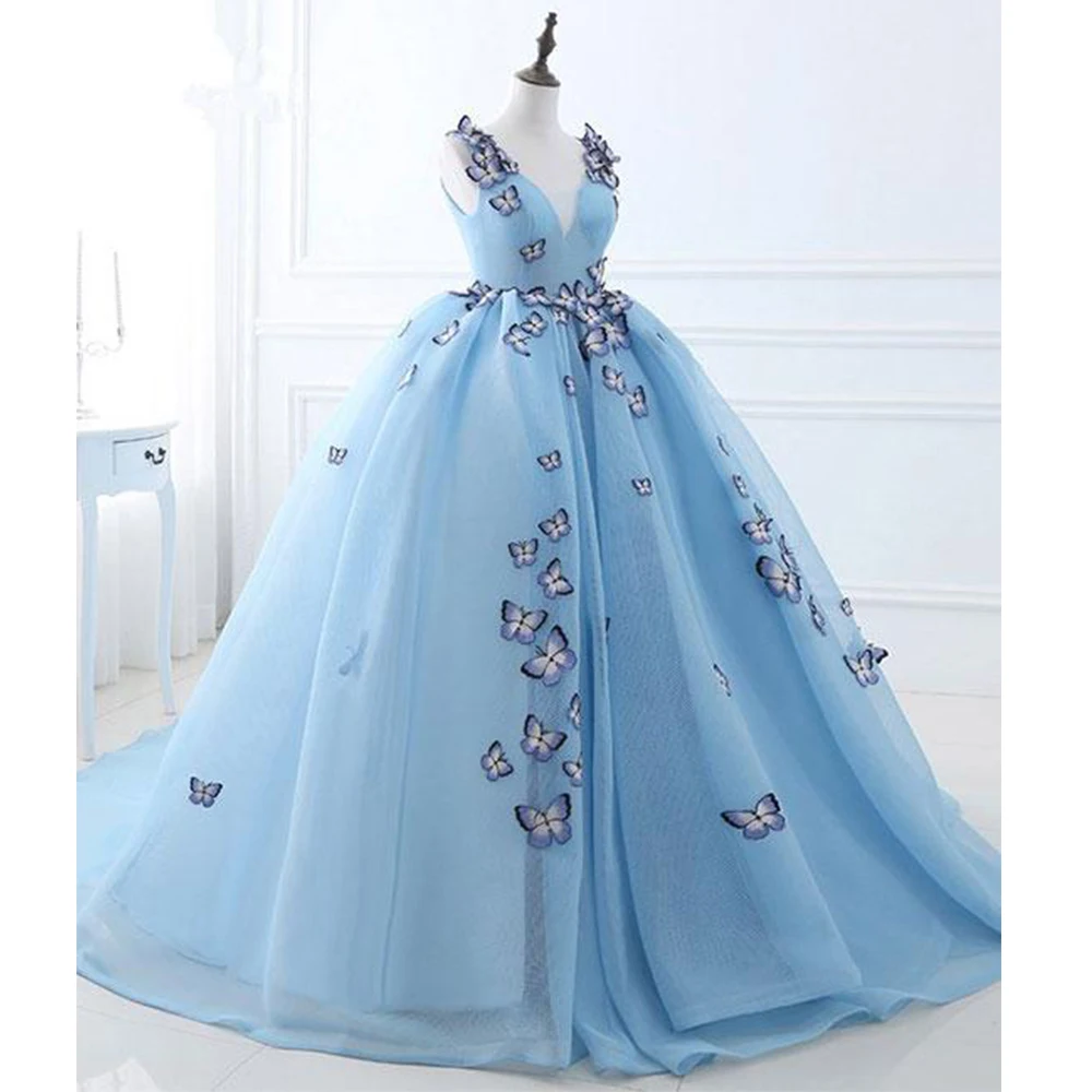 Садовый лед синий пышные Quinceanera платье 2019 de gala простые бабочки плиссированные торжественное 2019