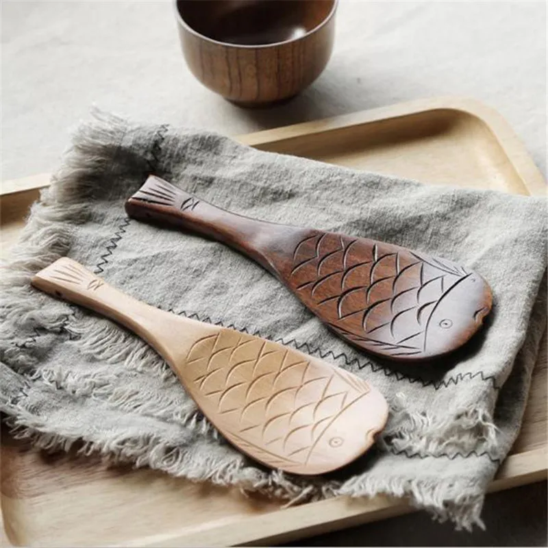 

Kitchen Supplie Creative Fish-shaped Home Kitchen Spoons Carving Wooden Spoon Rice Paddle Scoop Spoon Utility Gadgets