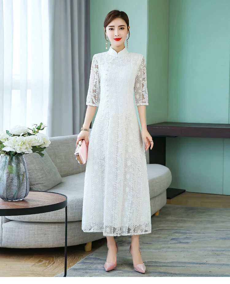 Autumn Vintage Lace Women Dress Elegant Ladies Stand Collar Dress Half Sleeve Party Dresses Vestidos Clothing Plus Size 4XL