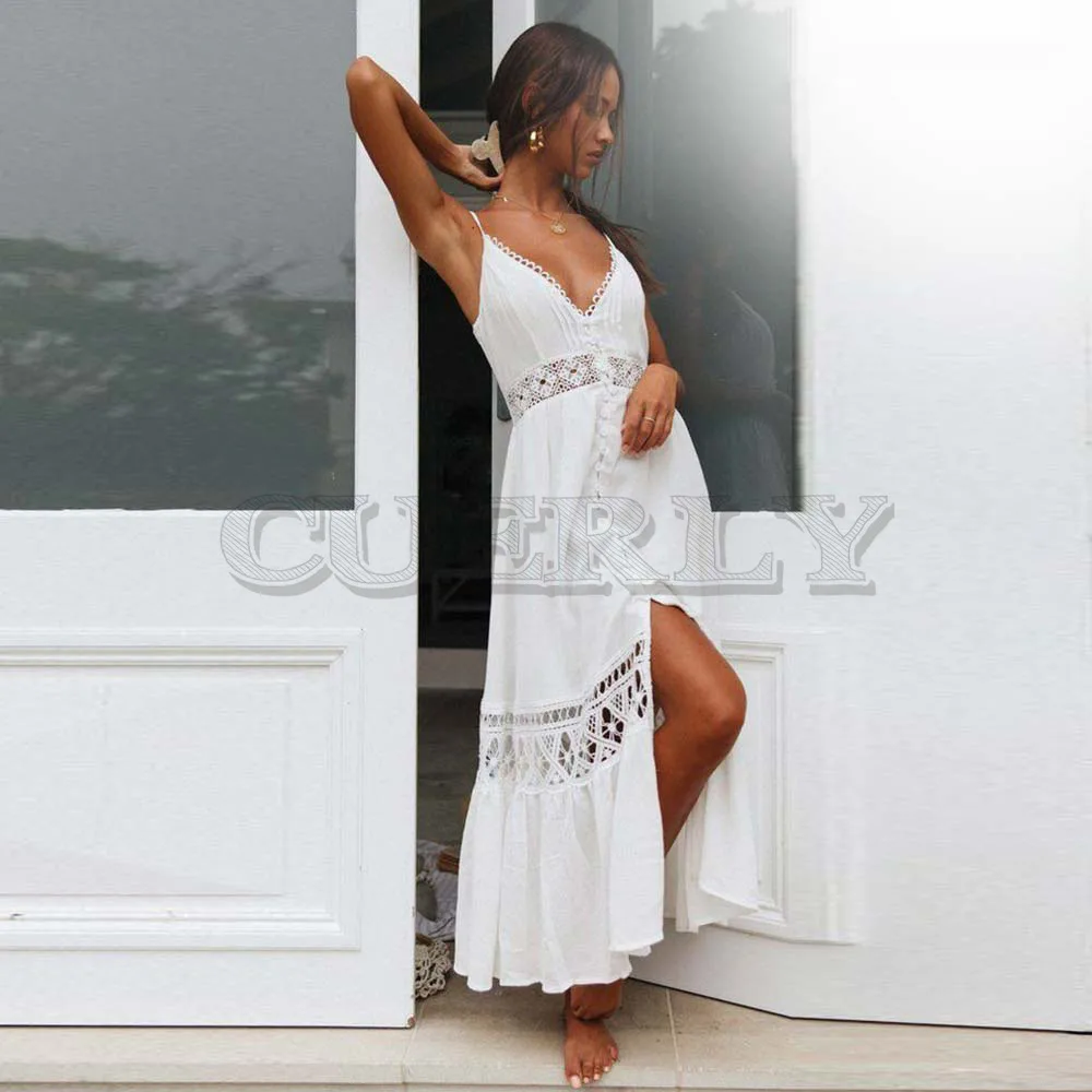 

CUERLY Backless Spaghetti Strap Sexy Lace Dress Elegant 2019 Summer High Split White Dress Women Maxi Long Dress Vestidos L8