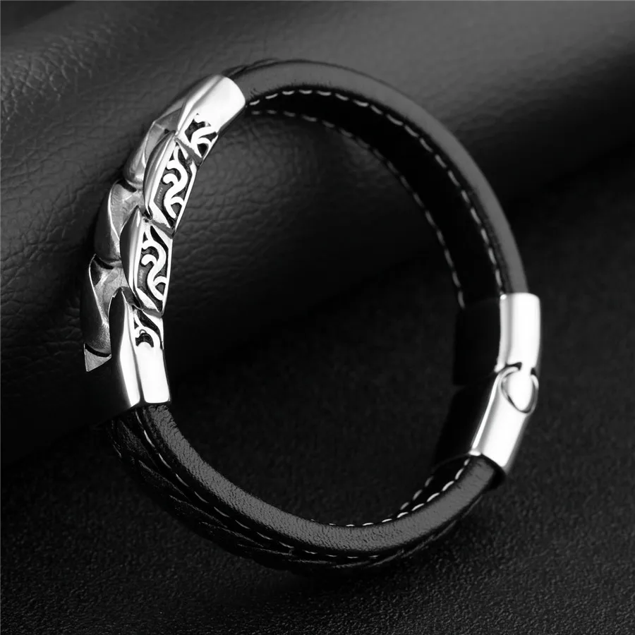 XQNI минималистский Нержавеющая сталь Черный Цвет Натуральная кожа браслет для мужчин геометрический узор в стиле панк подарок на день рождения