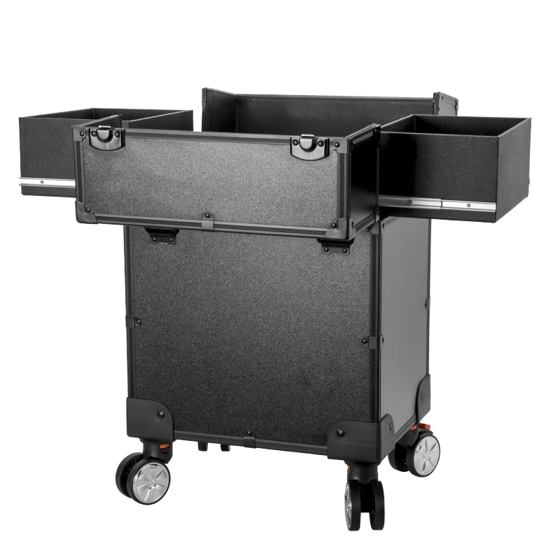 TENSUNVIS Black 4 Rolling Wheel MDF Artist Makeup Cosmetic Train Case Lockable Box Rolling Trolley Cosmetic Case