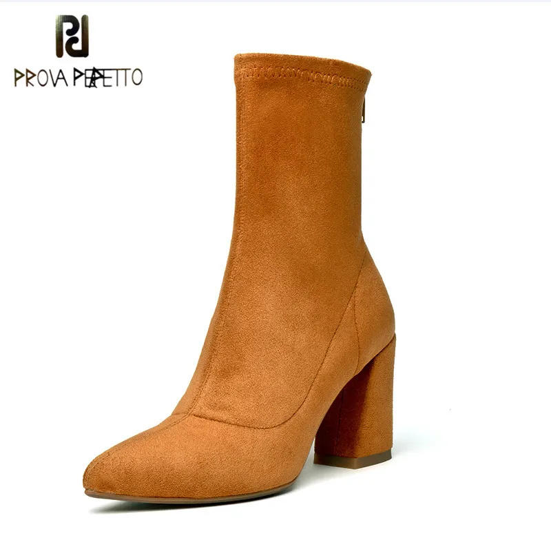 

Prova Perfetto 2018 Most Popular Woman Sexy Elastic Boots Fashion Point Toe Chunky Heel Short Boots Pure Color Grace Madam Shoes