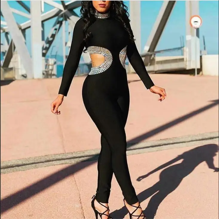 

Luxury Women Winter Sexy Long Sleeve Beading Black Bandage Jumpsuit 2017 Elastic Designer Bandage Jumpsuit