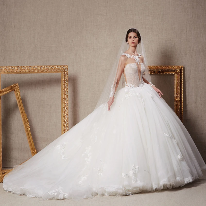 Noble Cathedral/Royal Train Wedding Dresses 2017 Casamento Lace