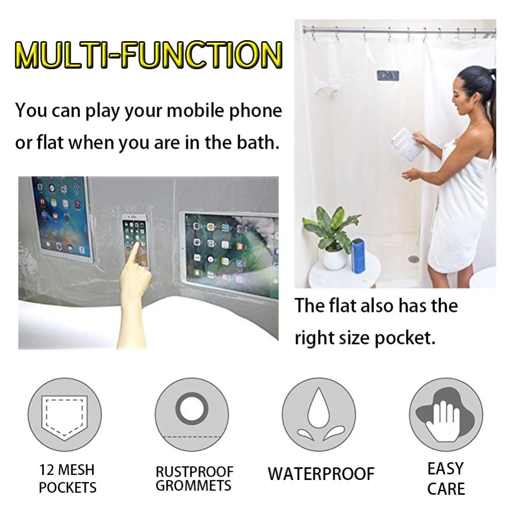 OCHIEN 180*180 см, крепление для ванной комнаты, прозрачная душевая занавеска, подстежка для планшета, держатель для телефона, водонепроницаемая занавеска s