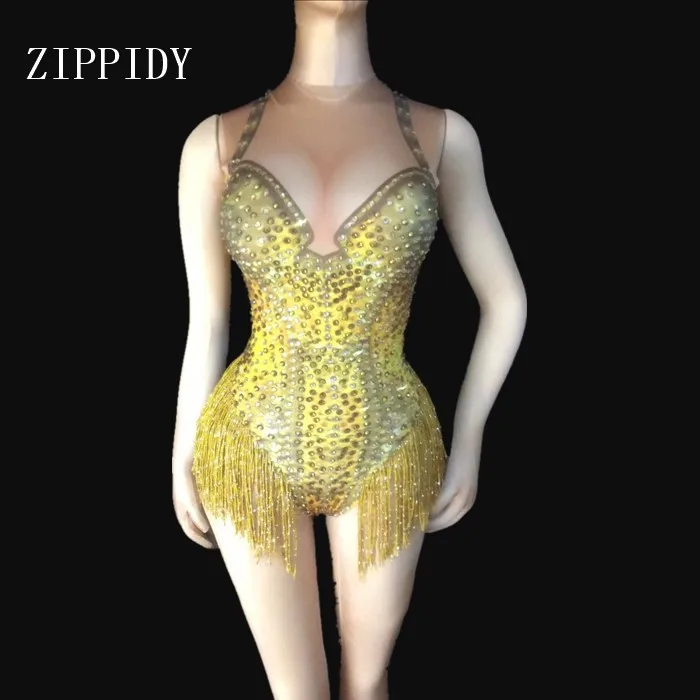 

Sexy Gold Fringe Leotard Nude Spandex One Piece Rhinestones Costume Stage Performance Dance Wear Singer Pole dancing Bodysuit