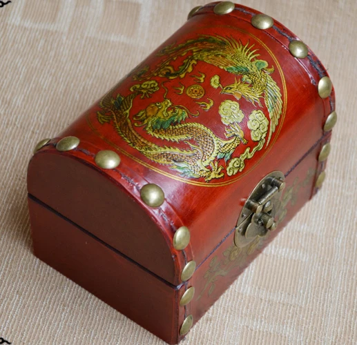 

2019 BEST present--- retro vintage propitious dragon and phoenix red wood Jewel Jewelry Box-- good