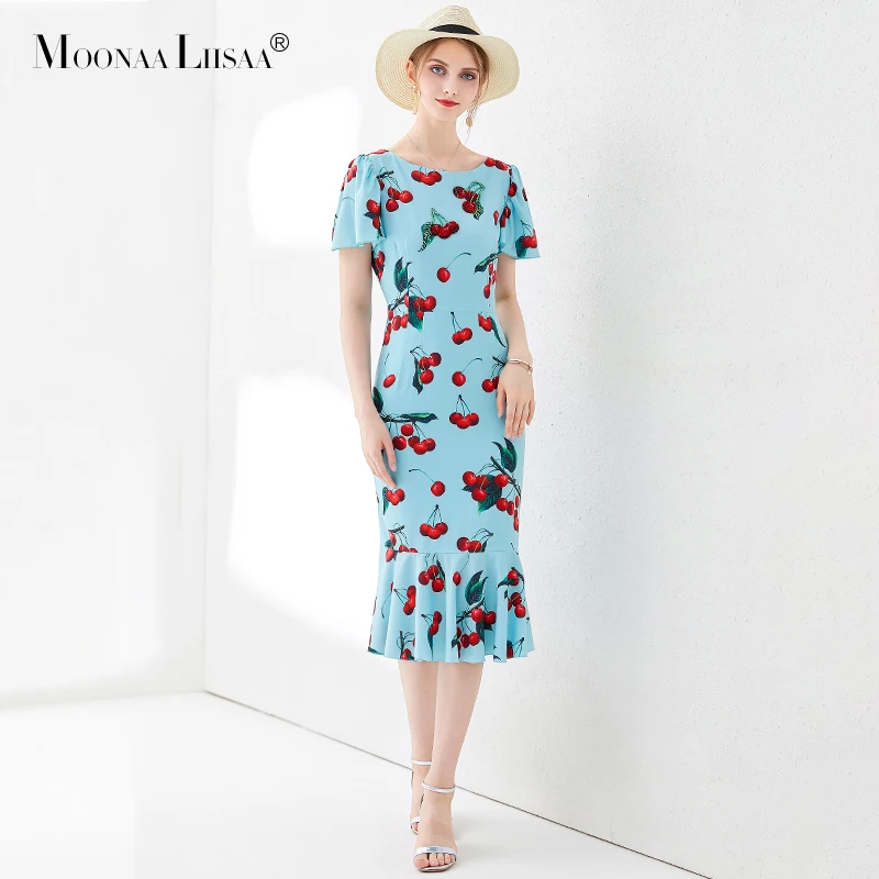 

Moonaaliisaa Summer 2019 New Dresses Cherry Printing Temperament Slimming Fishtail Sweet Lotus Sleeve Mid-long Dresses