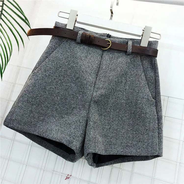 Gray SHENGPALAE, Осенние Формальные шорты, женские, корейский стиль, высокая талия, толстые, с поясом, широкие, шорты, женские, серые, черные, повседневные, низ, FM430 - Цвет: Gray