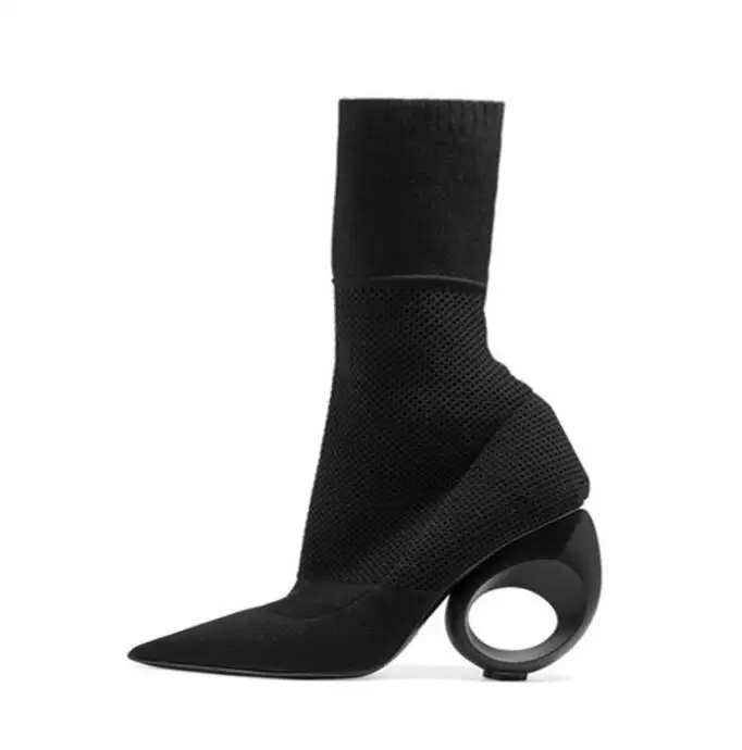 

Moraima Snc 2018 Newest Knitting Stretch Ankle Boots for Woman Sexy Pointed Toe Fretwork Heels Boots Black Beige