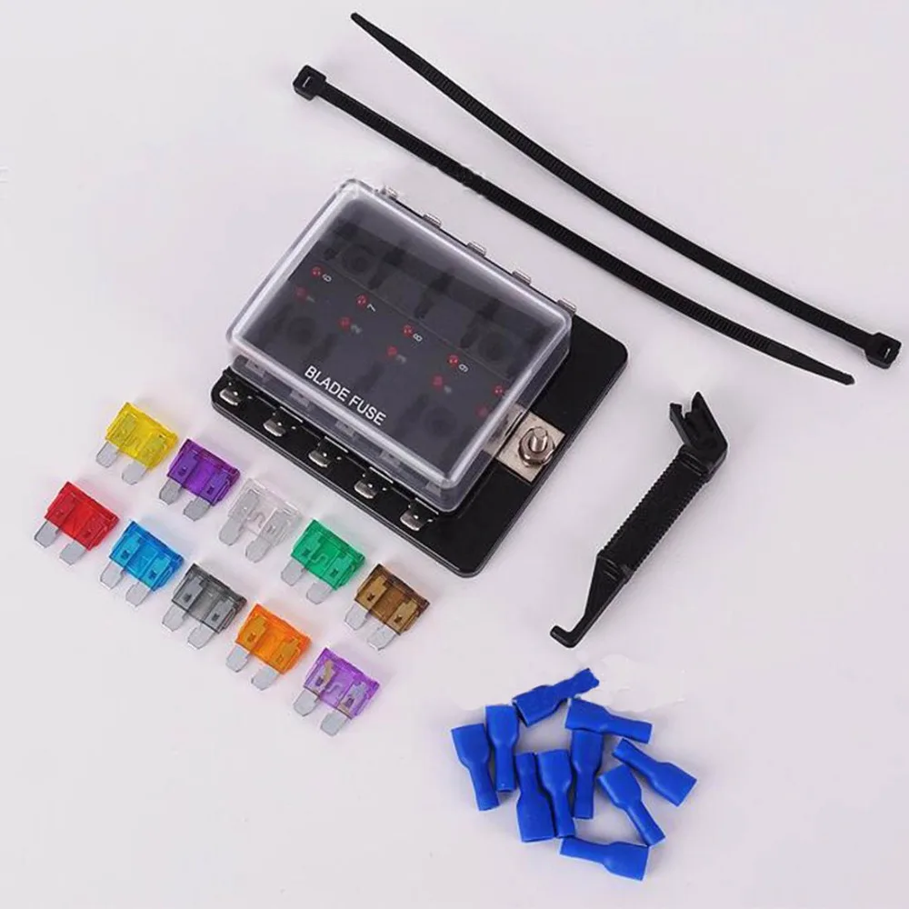 Car Auto 10 Way Fuse Holder with LED Indicator with 10 pcs medium fuse