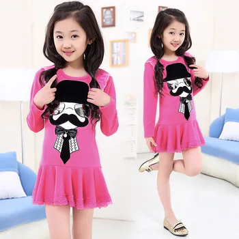 

New Spring Girls Lace Princess Korean Spring Autumn Cotton Dress Children Kids Clothing Cartoon Pink Purple Rose Red