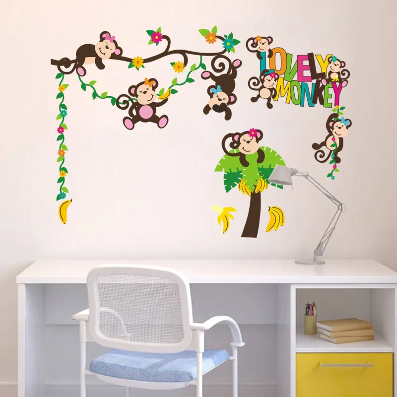 

lovely monkey play on the tree home decor wall sticker for kids nursery room animal decoration Christmas gifts for baby muralart