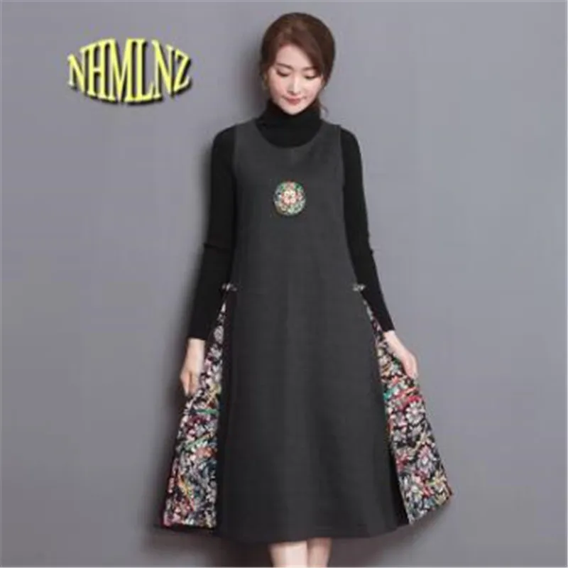 

2019 Fall National wind Women New Casual Set head Comfortable Dress Sleeveless Retro Round Neck Large size Women Dress OK66