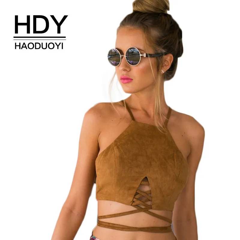 

HDY Haoduoyi Women Boho Brown Faux Suede Cami Crop Top Chinese-style Bandage Bellyband Bralette Tops Ladies Shirts Tanks
