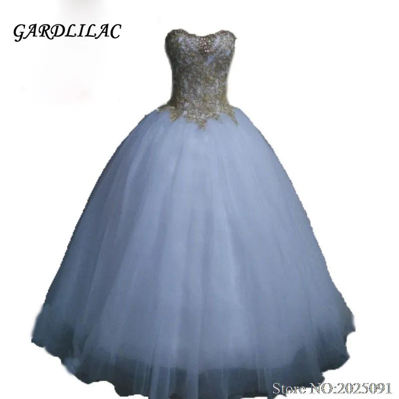 

2017 Sweetheart White Gold Appliques Quinceanera Dresses Tulle Crystal Beads Ball Gown Long Prom dress Vestidos de 15 Anos