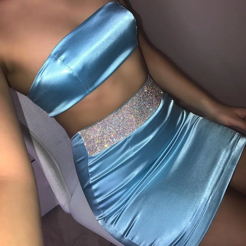 

BKLD Glitter Sexy Women Strapless 2 Two Piece Sets 2019 Summer Blue Satin Club Outfits Off Shoulder Crop Tops+Bodycon Mini Skirt