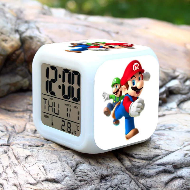 Super mario bros Детский будильник светодиодный часы мультяшный ночной Светильник вспышка 7 цветов меняющиеся цифровые часы электронные настольные часы