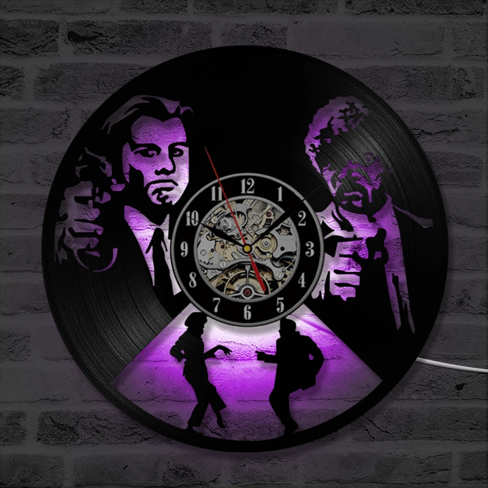 

Pulp Fiction Vinyl Record Wall Clock with 7 Colors Change 3D Decorative Hanging LED Clocks Wall Watch Home Decor 12 inch