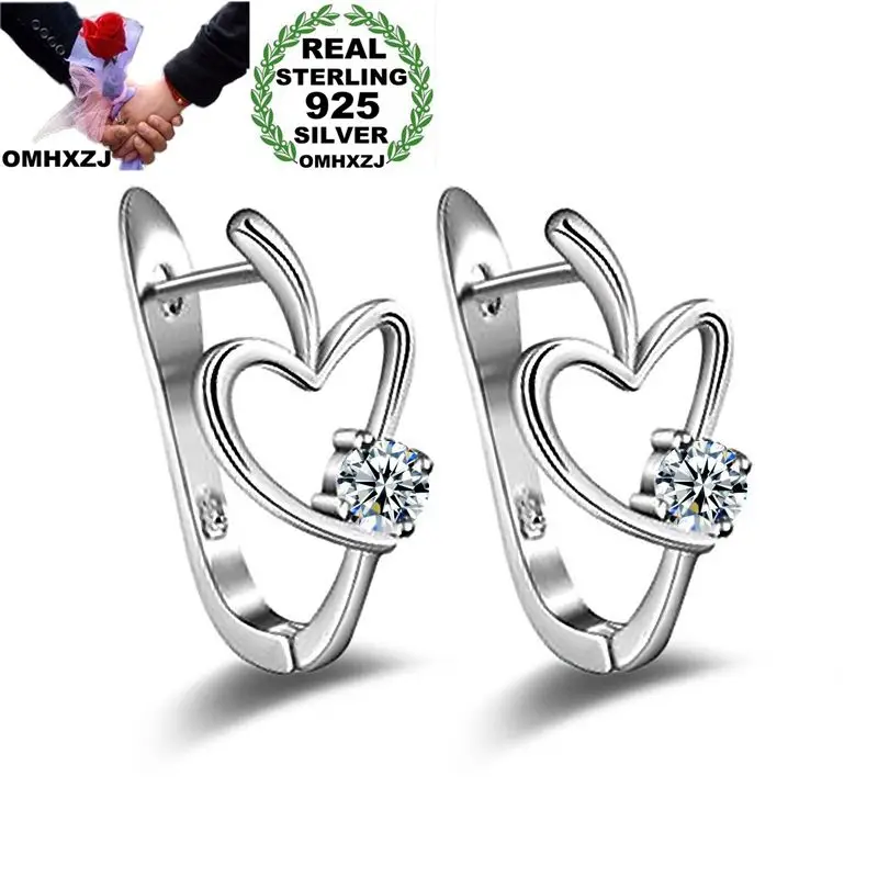 

OMHXZJ Wholesale Personality Fashion OL Woman Girl Wedding White Hollowed Heart Zircon 925 Sterling Silver Hoop Earrings YE445