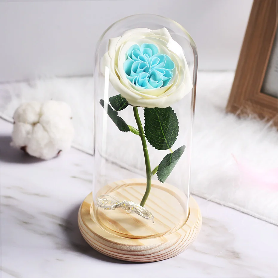 LED Soap Flower Rose Flower In Glass Dome Christmas Gifts Artificial Flower Valentine's Day Wedding Party Home Decor Fake Flower