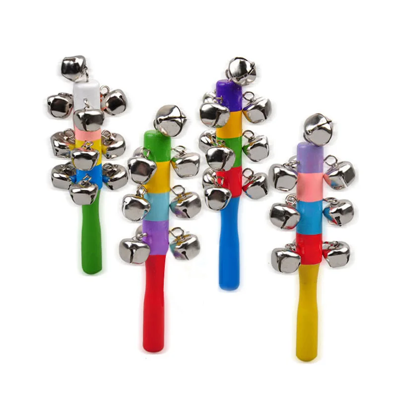 Colorful Rainbow Wooden Stick 10 Jingle Bells Baby Rattles