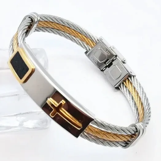 

LOOKER Stainless Steel Male Bracelet 3Rows Wire Chain Bracelets Bangles Punk Rock Style Cross Bracelet Christian Men Jewelry