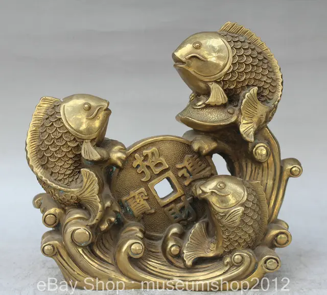 10" Chinese Feng Shui Brass Goldfish Year Fish Wealth Coin Statue