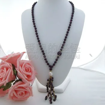 

N030101 26" Round Garnet White Keshi Pearl Necklace