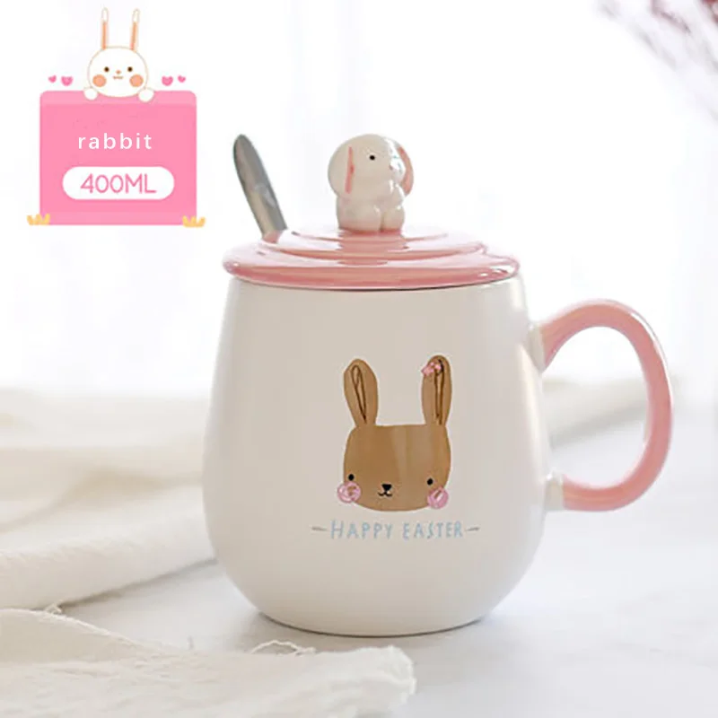 Кружки с крышкой, ложка из нержавеющей стали с рисунком кролика, милый стиль, керамическая чашка для молока, кофе, чая, завтрака, креативная трендовая чашка для воды - Цвет: RABBIT 400ML