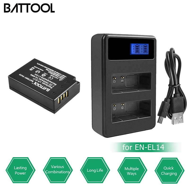 

BATTOOL 7.2V EN-EL14 ENEL14 EL14 Rechargeable Li-ion Battery + LCD Dual Charger for Nikon D3100 D3200 D3300 D5100 D5200