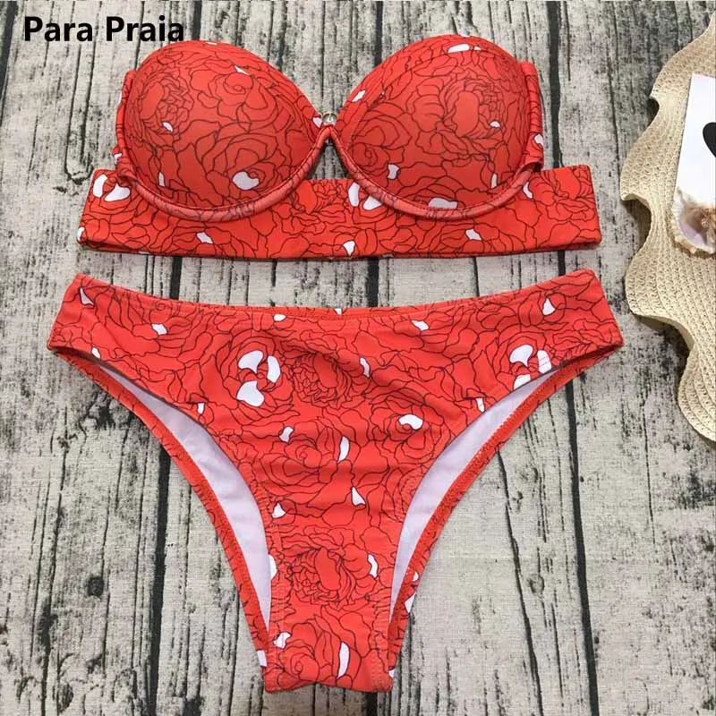 Бандо пуш-ап бикини наборы для женщин на шнуровке бразильская купальная одежда Тонг бикини из двух частей купальный костюм - Цвет: Красный