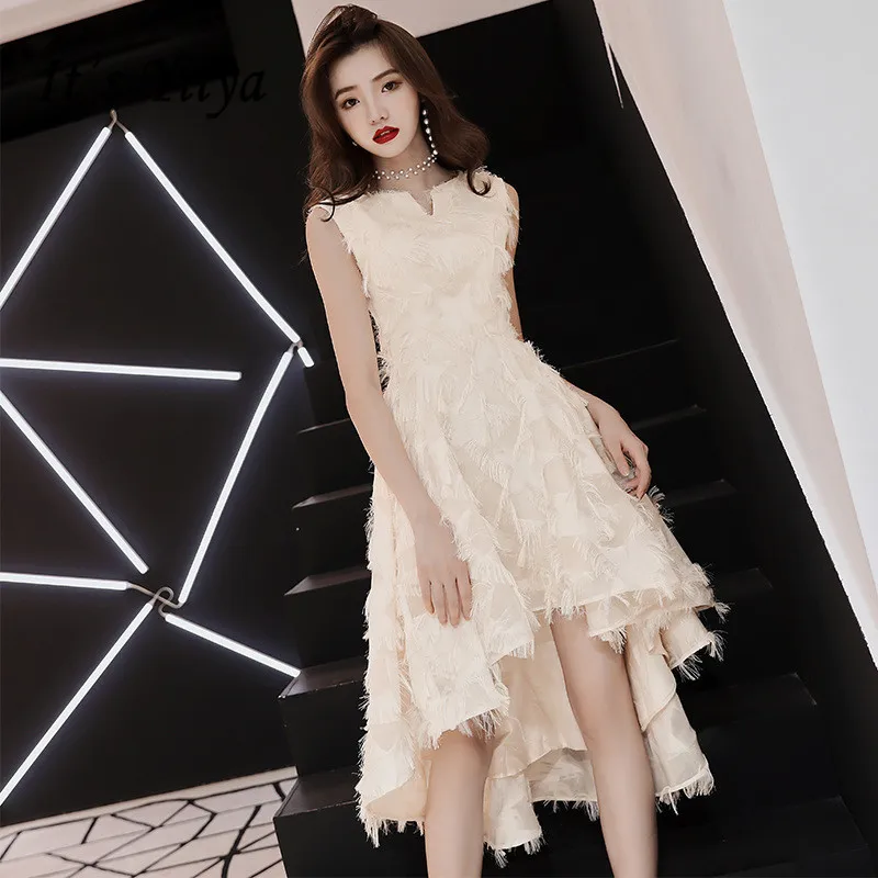 

It's YiiYa Bridesmaid Dress Champagne High Low Length Party Dresses Girls Fashion Tassel O-neck Gown For bridesmaid E024