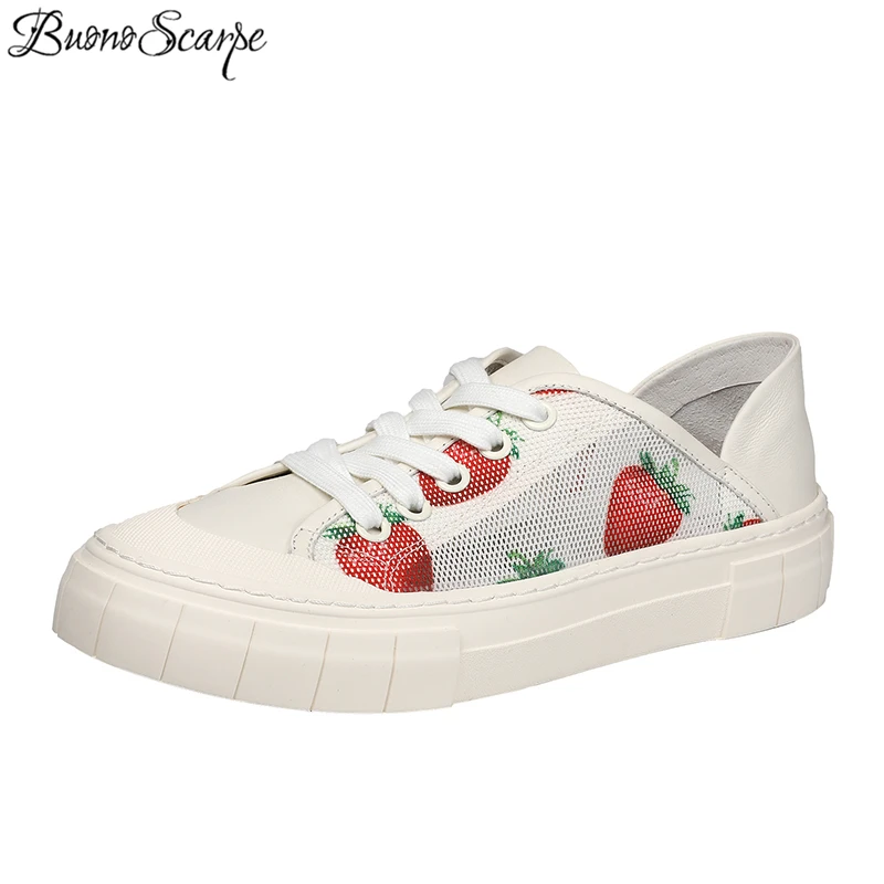 

Buono Scarpe Strawberry Women Flats Platform Thick Bottom White Shoes Breathable Mesh Sneakers Lace Up Women Sneakers Shoes 2019