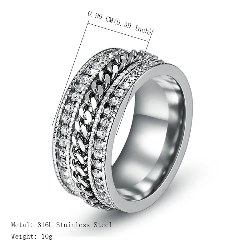 10 мм, кольца из нержавеющей стали для мужчин, роскошные стразы, кристаллы, вращающаяся цепочка, кольцо, модные панк мужские ювелирные изделия,, подарок на день рождения