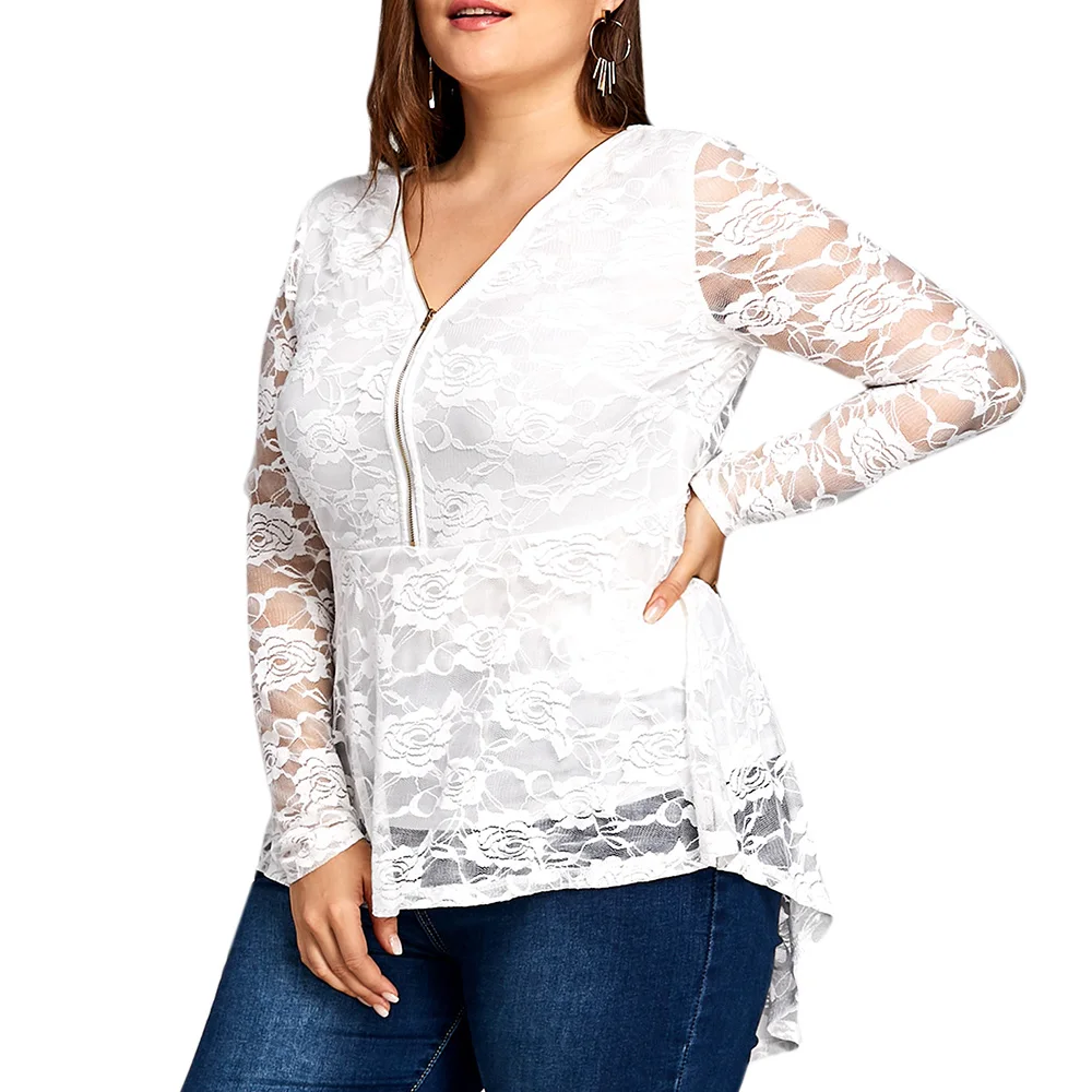 ZAFUL Plus Size Women Clothing Lace Dip Hem Peplum Top Blouses Shirts